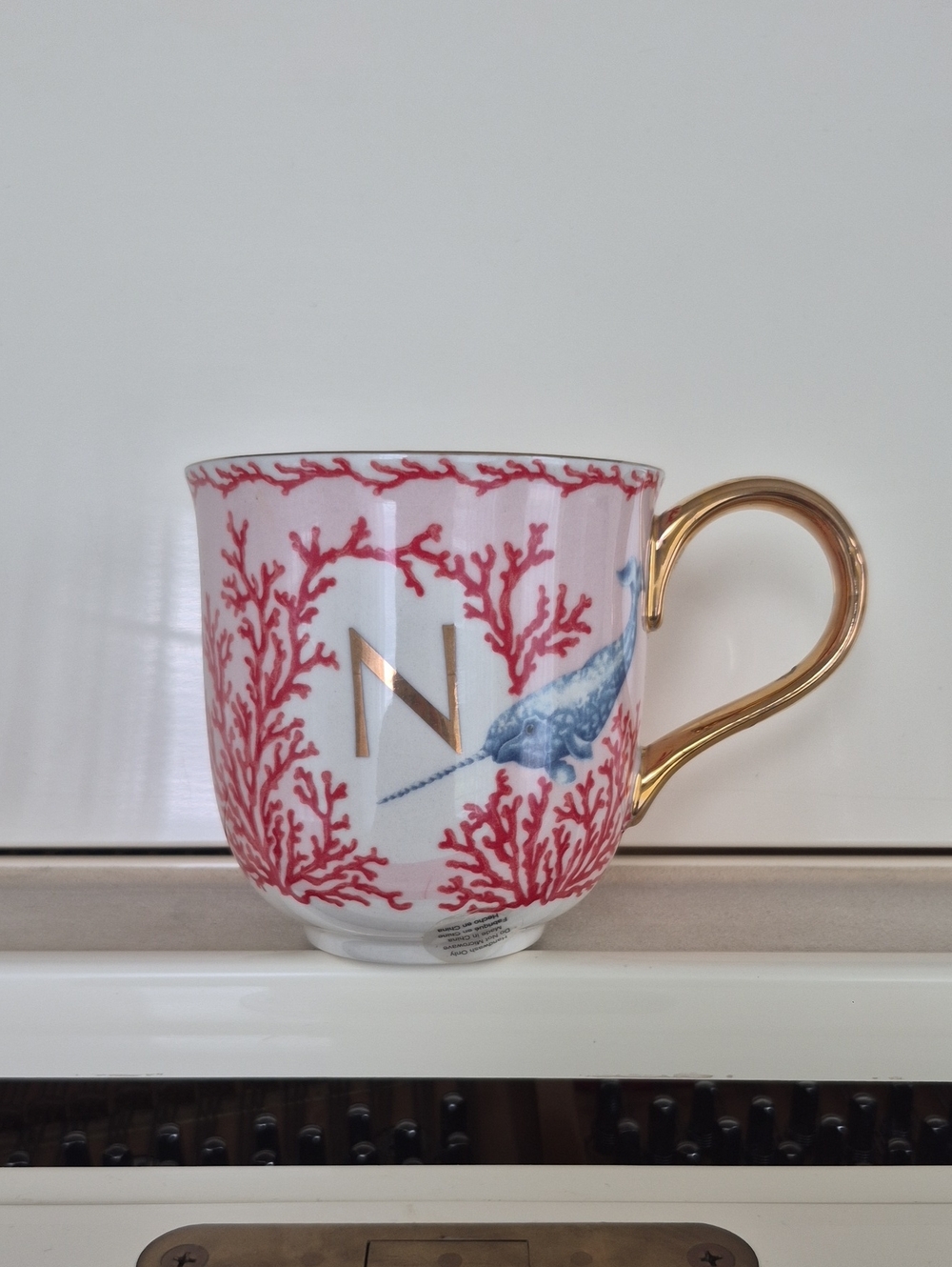 Lou Rota Anthropologie Gold-Handle Coral & Narwhal Initial 'N' Porcelain Mug